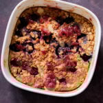 peanut butter and jelly baked oatmeal in the baking pan after baking