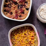 overhead photo of PBJ baked oats and Tex-Mex baked oats in the baking dishes, after baking