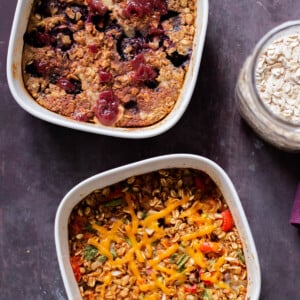 overhead photo of PBJ baked oats and Tex-Mex baked oats in the baking dishes, after baking