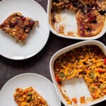 overhead photo of PBJ baked oats and Tex-Mex baked oats in the baking dishes, after baking and serving onto plates