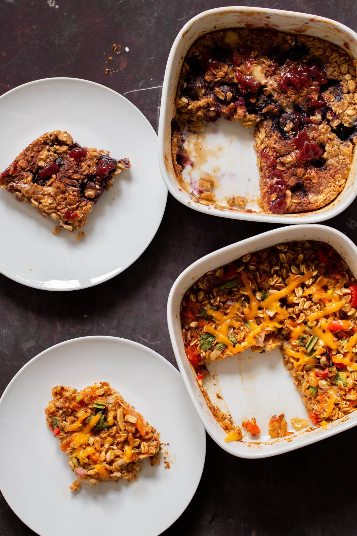 overhead photo of PBJ baked oats and Tex-Mex baked oats in the baking dishes, after baking and serving onto plates