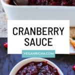 bowl of cranberry chutney as part of a Thanksgiving spread, text overlay