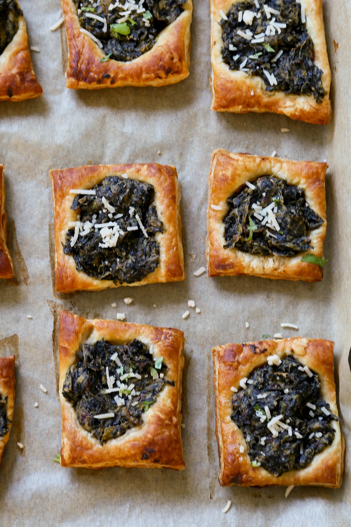 spinach puff pastry on the baking sheet after baking