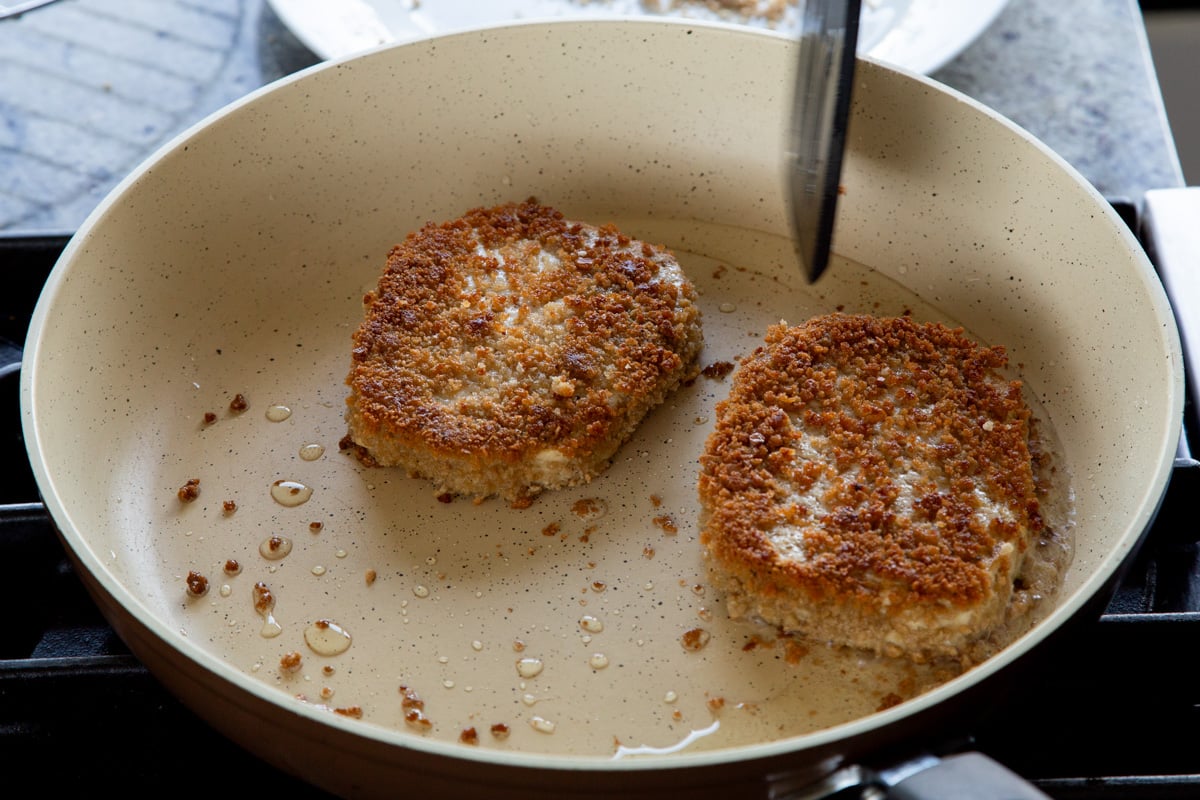 tofu schnitzel in the pan, after browning