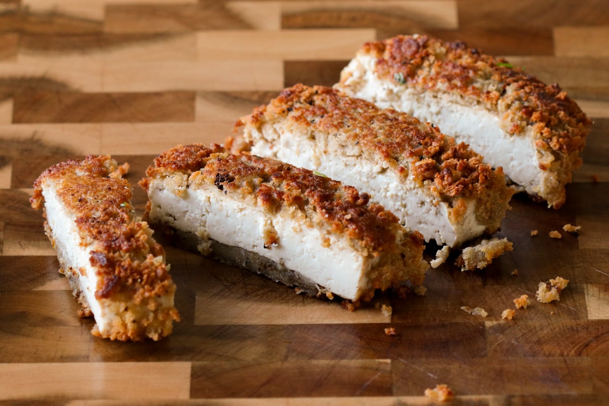 sliced breaded tofu on the cutting board