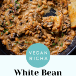 white bean stroganoff in the pan, text overlay