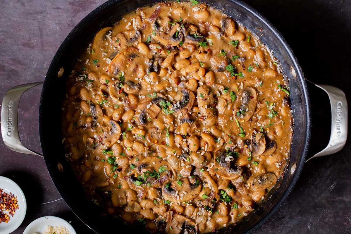 white bean stroganoff in the pan