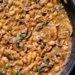 close-up of white bean stroganoff in the pan