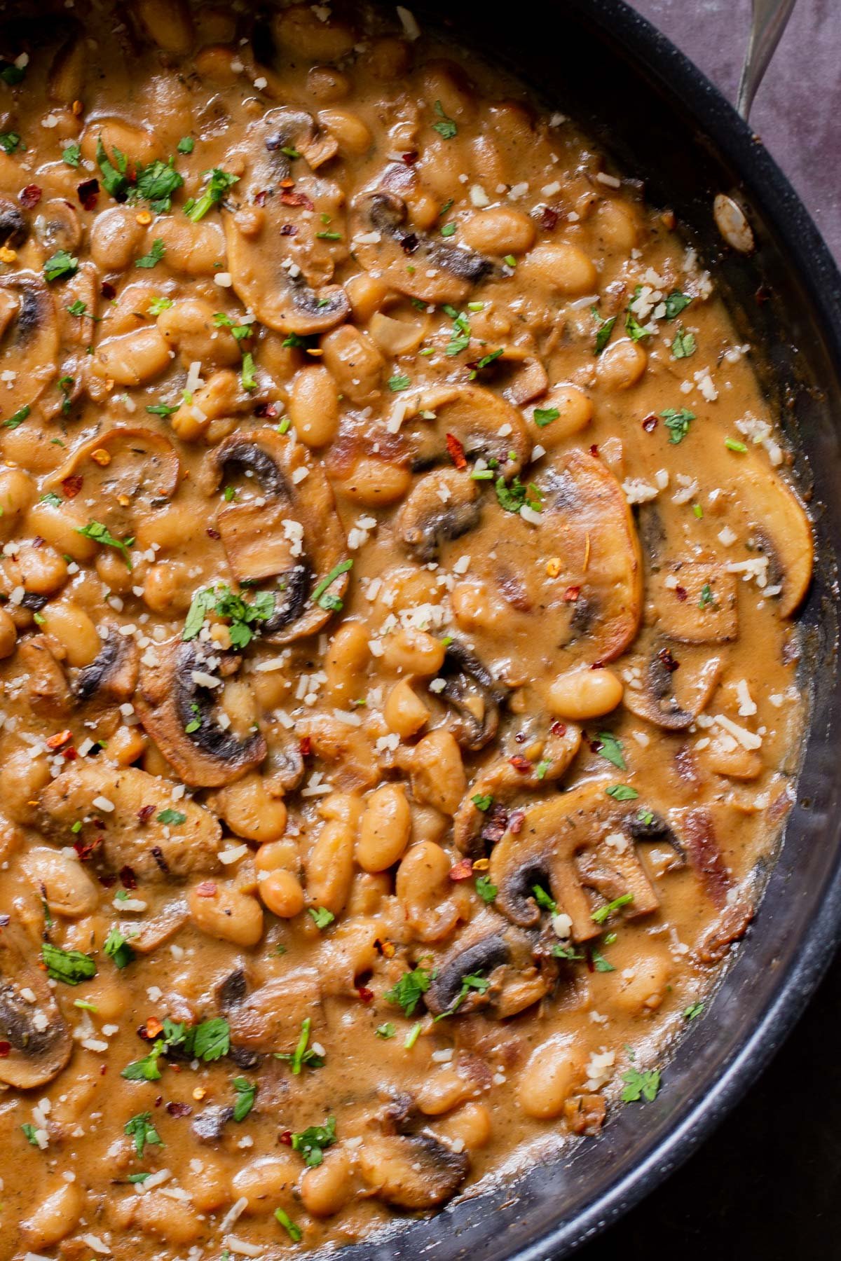 close-up of white bean stroganoff in the pan