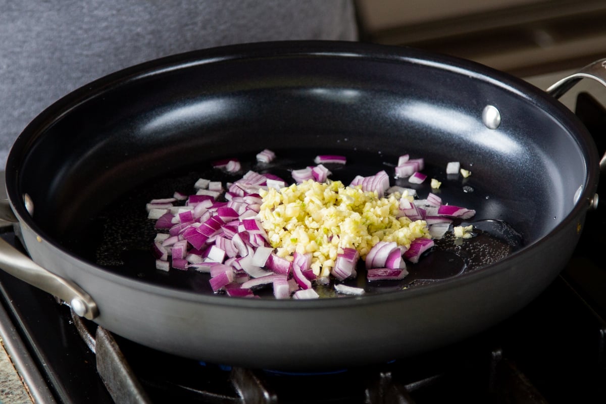 onion and garlic in the frying pan