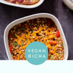 photo of savory and sweet baked oatmeal in the pan, text overlay