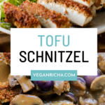 image collage of sliced vegan tofu schnitzel on the plate with a side salad and with gravy, text overlay