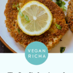tofu schnitzel on a plate with salad and lemon, text overlay