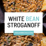 image collage showing white bean stroganoff in the pan, text overlay