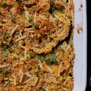 close-up of delicata squash casserole in the baking pan after baking
