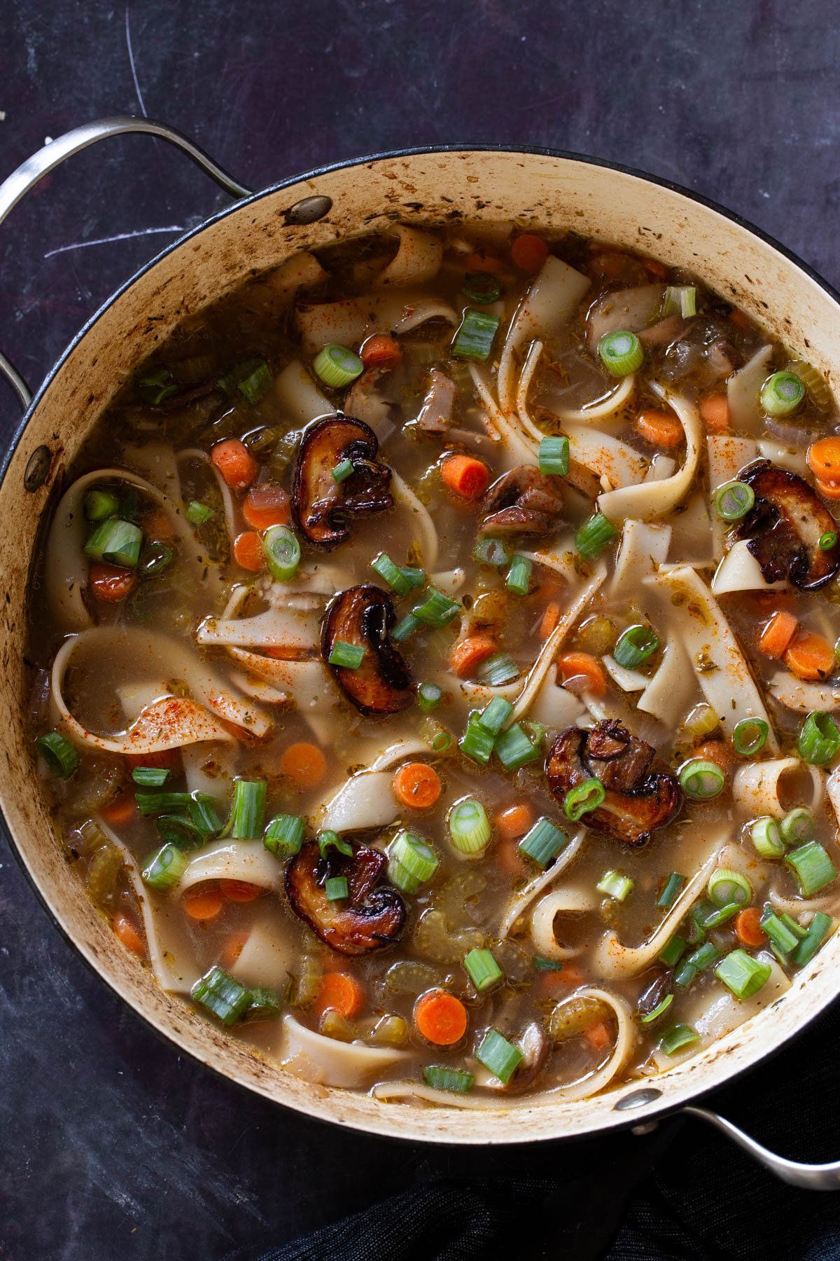 mushroom noodle soup in the pan