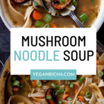 image collage of mushroom noodle soup in bowls and in the pan, text overlay