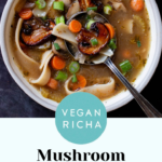 mushroom noodle soup in a bowl, text overlay