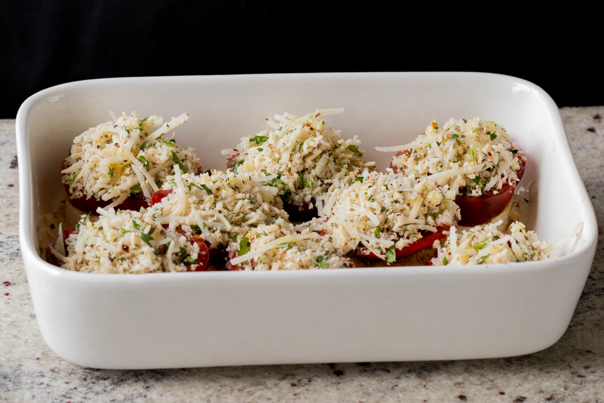 vegan caprese stacks in the baking pan before baking