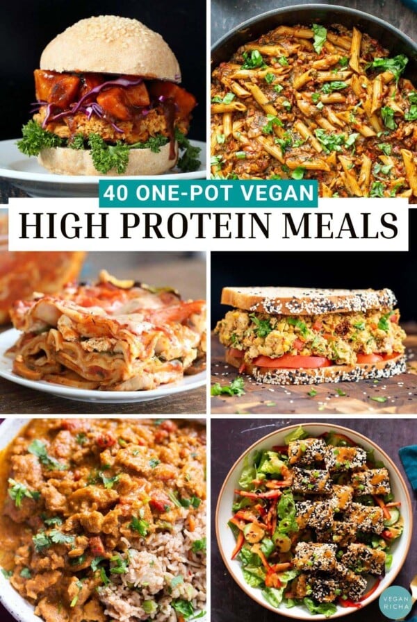 image collage of vegan burger, pasta, lasagna, sandwich, curry, and salad. Text reads, "40 One-Pot High Protein Vegan Meals."