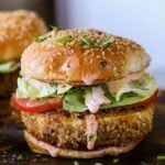 close-up of a spicy vegan chicken sandwich