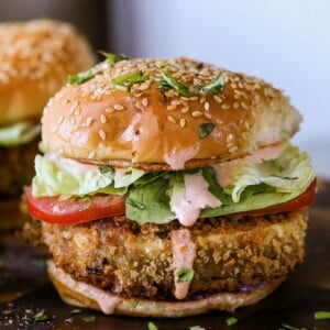 close-up of a spicy vegan chicken sandwich