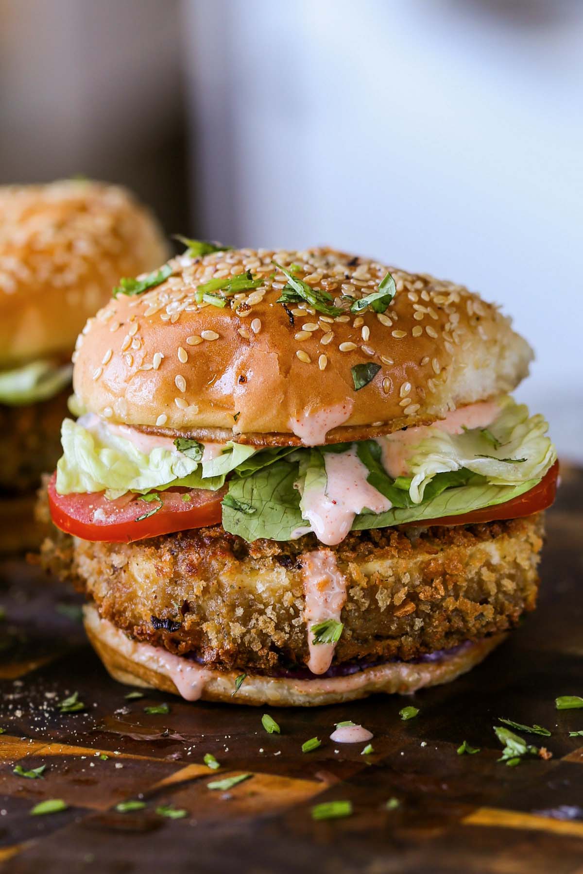 close-up of a spicy vegan chicken sandwich