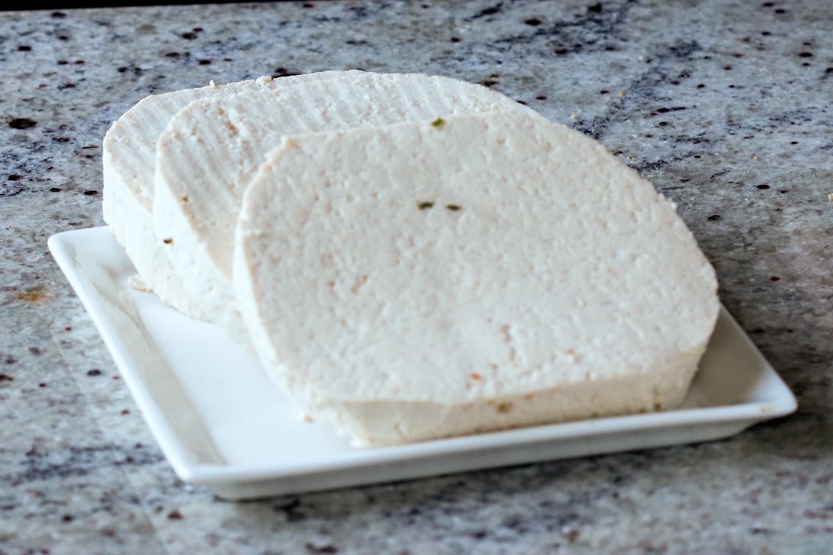 sliced tofu cutlets on a plate