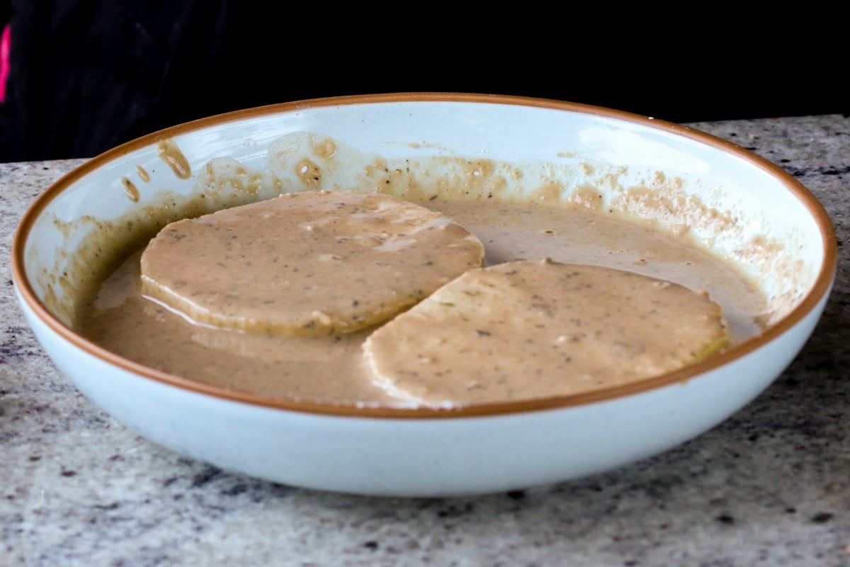sliced tofu cutlets coated in the batter