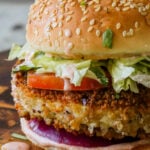 close-up of a crispy vegan chicken sandwich