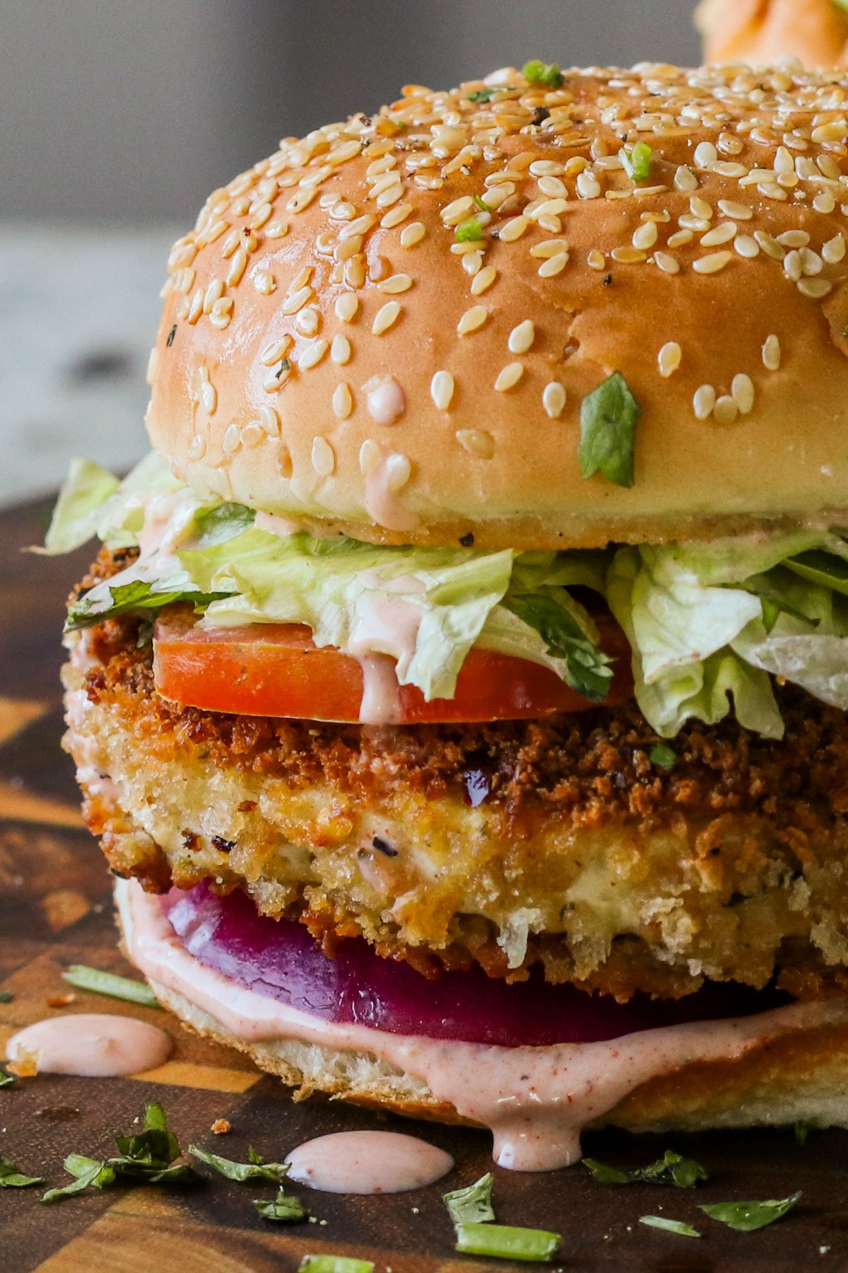 close-up of a crispy vegan chicken sandwich