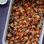 gochujang tofu and veggies in the pan after baking