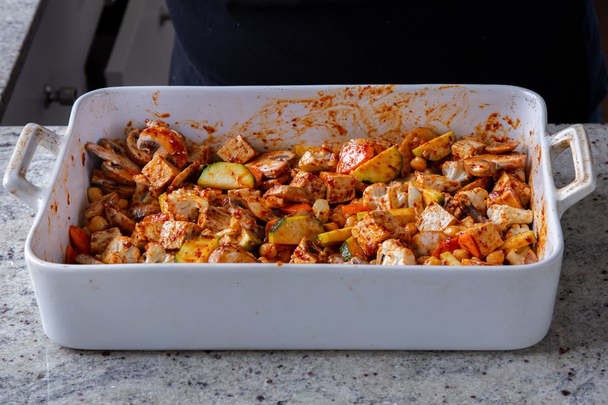 tofu and veggies tossed in the marinade