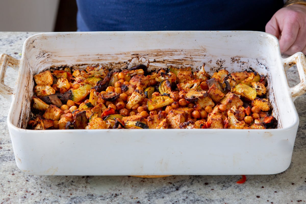 gochujang tofu and veggies in the pan after baking