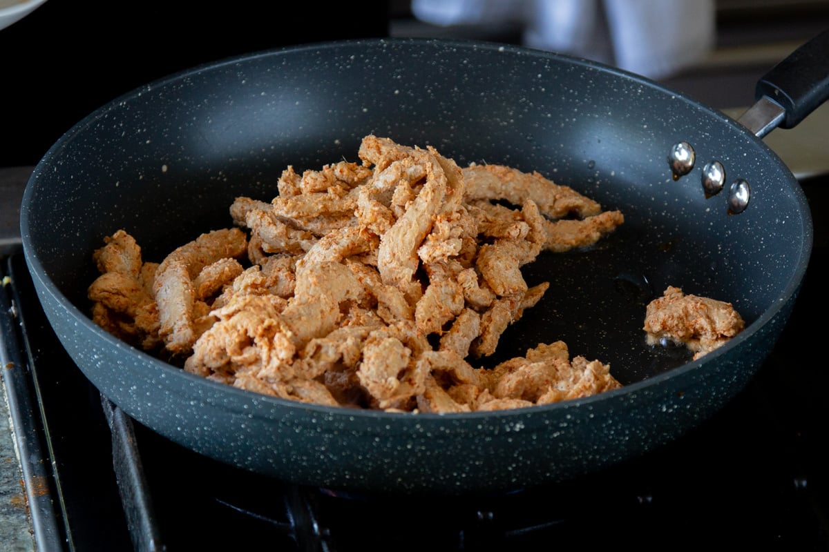 soy curls in the pan before cooking