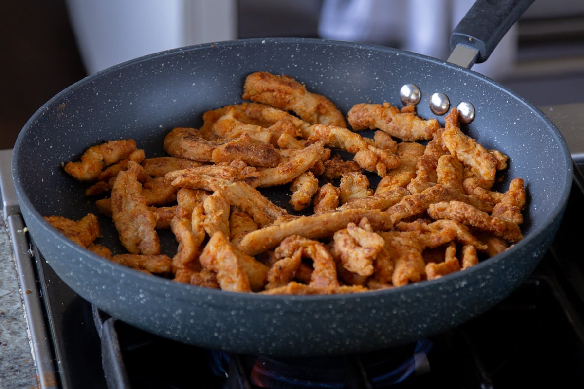 soy curls in the pan after cooking