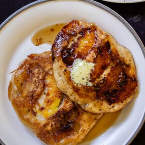 a plate of peach upside-down pancakes