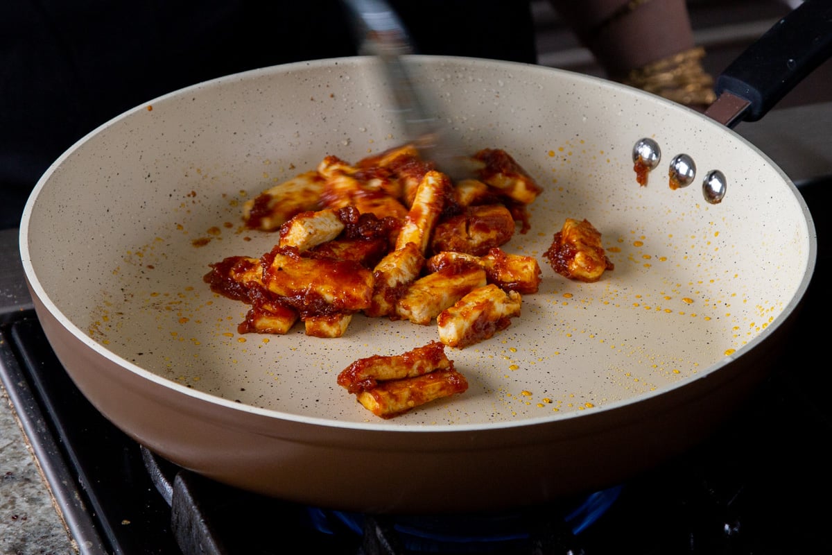 gochujang tofu in the skillet after cooking