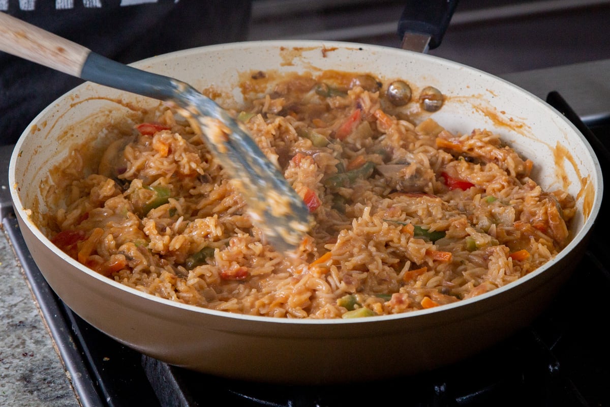 peanut gochujang rice in the skillet, after cooking