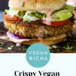 vegan chicken sandwich, text overlay