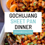 gochujang tofu and veggies in a bowl and in a pan, text overlay