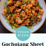 gochujang tofu and veggies in bowl over lettuce, text overlay