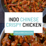 Indo Chinese chicken in the pan and a bowl, text overlay