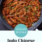 Indo Chinese chicken in the pan, text overlay