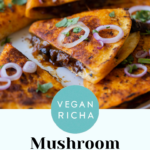close-up of the mushroom quesatacos, text overlay