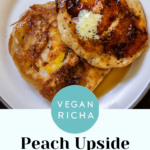 peach pancakes on a plate, text overlay