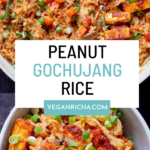photos of the gochujang rice in the skillet and in a bowl, text overlay