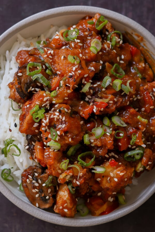 baked mushroom tofu stir fry in a bowl