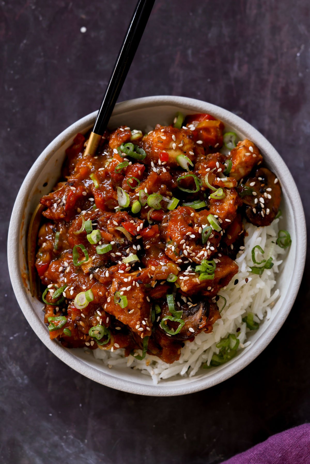 baked mushroom tofu stir fry in a bowl