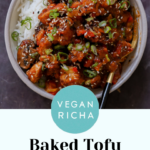baked mushroom tofu stir fry in a bowl, text overlay